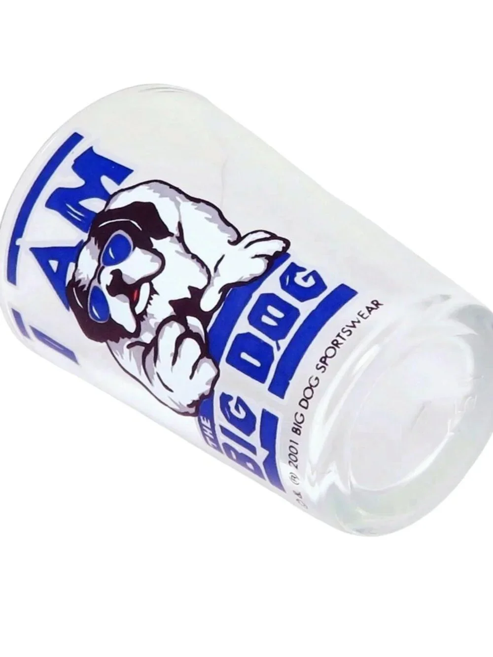 Vintage 2001 I Am The Big Dog Sportswear Bulldog Blue and White Shot Glass NEW